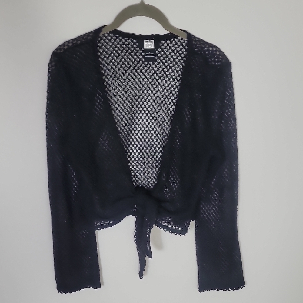 Y2K Sheer Mesh Tie Cardigan Size S Black Fairy Whimsigoth Layers Neutral Minimal